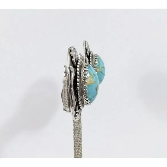 Large Oval Turquoise Art Glass Whiting And Davis Clip On Earrings - Vintage - Picture 5 of 10